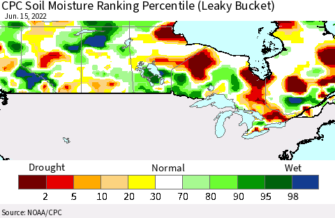 Canada CPC Soil Moisture Ranking Percentile (Leaky Bucket) Thematic Map For 6/11/2022 - 6/15/2022