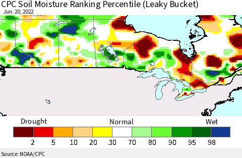 Canada CPC Soil Moisture Ranking Percentile (Leaky Bucket) Thematic Map For 6/16/2022 - 6/20/2022