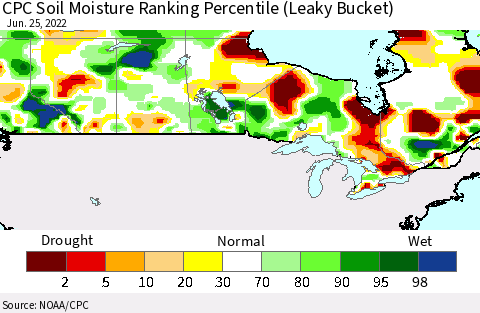 Canada CPC Soil Moisture Ranking Percentile (Leaky Bucket) Thematic Map For 6/21/2022 - 6/25/2022