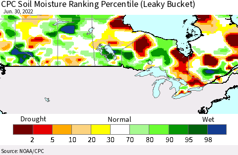 Canada CPC Soil Moisture Ranking Percentile (Leaky Bucket) Thematic Map For 6/26/2022 - 6/30/2022