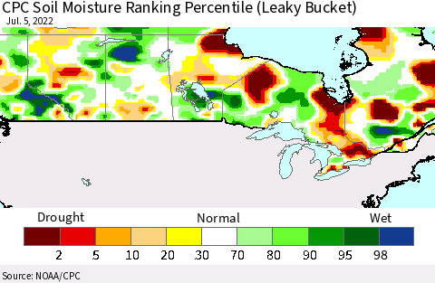 Canada CPC Soil Moisture Ranking Percentile (Leaky Bucket) Thematic Map For 7/1/2022 - 7/5/2022