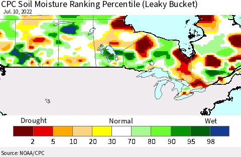 Canada CPC Soil Moisture Ranking Percentile (Leaky Bucket) Thematic Map For 7/6/2022 - 7/10/2022
