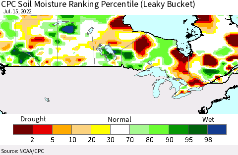 Canada CPC Soil Moisture Ranking Percentile (Leaky Bucket) Thematic Map For 7/11/2022 - 7/15/2022