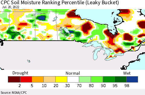 Canada CPC Soil Moisture Ranking Percentile (Leaky Bucket) Thematic Map For 7/16/2022 - 7/20/2022