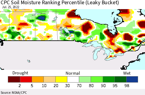 Canada CPC Soil Moisture Ranking Percentile (Leaky Bucket) Thematic Map For 7/21/2022 - 7/25/2022
