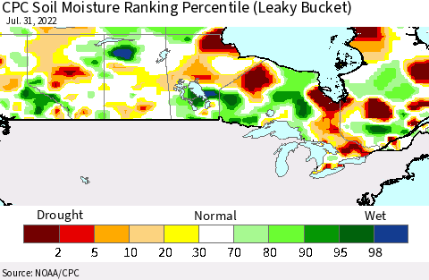 Canada CPC Soil Moisture Ranking Percentile (Leaky Bucket) Thematic Map For 7/26/2022 - 7/31/2022