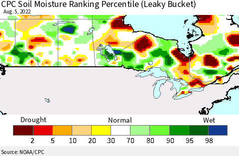 Canada CPC Soil Moisture Ranking Percentile (Leaky Bucket) Thematic Map For 8/1/2022 - 8/5/2022