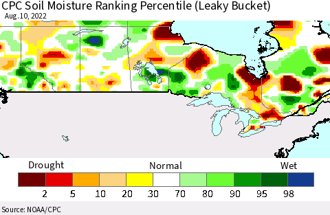 Canada CPC Soil Moisture Ranking Percentile (Leaky Bucket) Thematic Map For 8/6/2022 - 8/10/2022