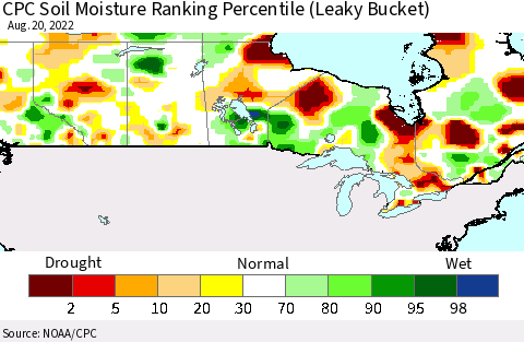 Canada CPC Soil Moisture Ranking Percentile (Leaky Bucket) Thematic Map For 8/16/2022 - 8/20/2022