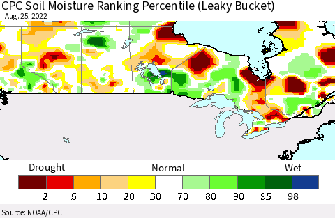 Canada CPC Soil Moisture Ranking Percentile (Leaky Bucket) Thematic Map For 8/21/2022 - 8/25/2022