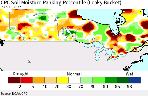 Canada CPC Soil Moisture Ranking Percentile (Leaky Bucket) Thematic Map For 9/6/2022 - 9/10/2022