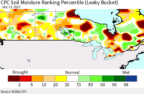 Canada CPC Soil Moisture Ranking Percentile (Leaky Bucket) Thematic Map For 9/11/2022 - 9/15/2022