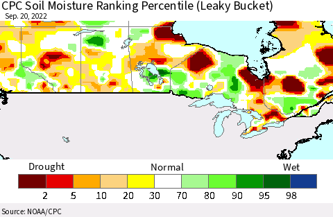 Canada CPC Soil Moisture Ranking Percentile (Leaky Bucket) Thematic Map For 9/16/2022 - 9/20/2022
