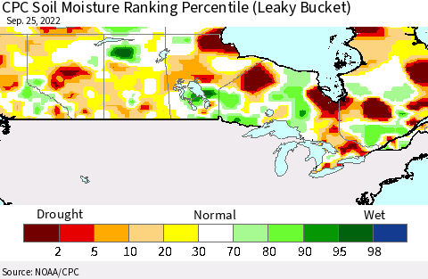 Canada CPC Soil Moisture Ranking Percentile (Leaky Bucket) Thematic Map For 9/21/2022 - 9/25/2022