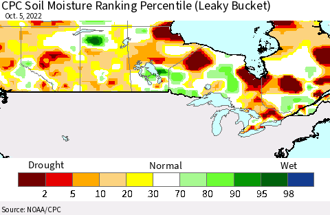 Canada CPC Soil Moisture Ranking Percentile (Leaky Bucket) Thematic Map For 10/1/2022 - 10/5/2022