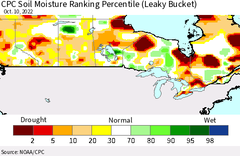 Canada CPC Soil Moisture Ranking Percentile (Leaky Bucket) Thematic Map For 10/6/2022 - 10/10/2022