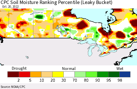 Canada CPC Soil Moisture Ranking Percentile (Leaky Bucket) Thematic Map For 10/16/2022 - 10/20/2022