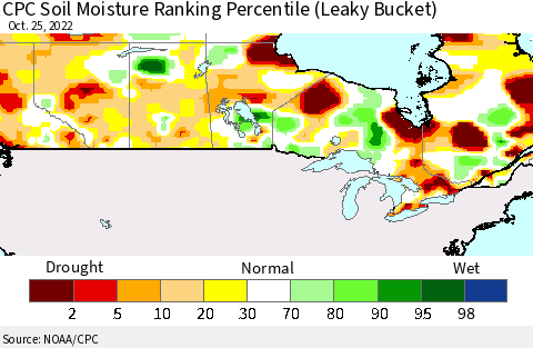 Canada CPC Soil Moisture Ranking Percentile (Leaky Bucket) Thematic Map For 10/21/2022 - 10/25/2022