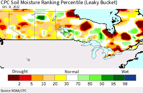 Canada CPC Soil Moisture Ranking Percentile (Leaky Bucket) Thematic Map For 10/26/2022 - 10/31/2022