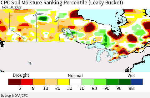 Canada CPC Soil Moisture Ranking Percentile (Leaky Bucket) Thematic Map For 11/6/2022 - 11/10/2022