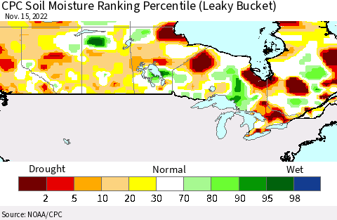 Canada CPC Soil Moisture Ranking Percentile (Leaky Bucket) Thematic Map For 11/11/2022 - 11/15/2022