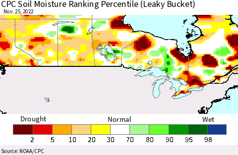 Canada CPC Soil Moisture Ranking Percentile (Leaky Bucket) Thematic Map For 11/21/2022 - 11/25/2022