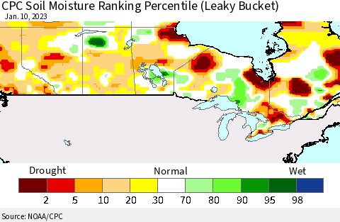 Canada CPC Soil Moisture Ranking Percentile (Leaky Bucket) Thematic Map For 1/6/2023 - 1/10/2023
