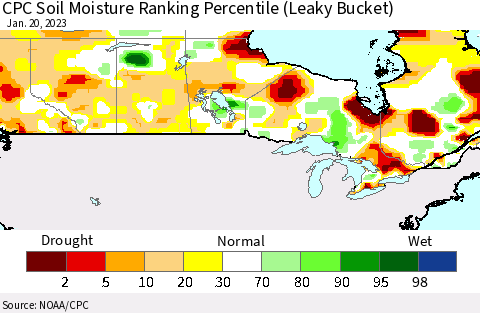Canada CPC Soil Moisture Ranking Percentile (Leaky Bucket) Thematic Map For 1/16/2023 - 1/20/2023