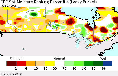 Canada CPC Soil Moisture Ranking Percentile (Leaky Bucket) Thematic Map For 1/21/2023 - 1/25/2023
