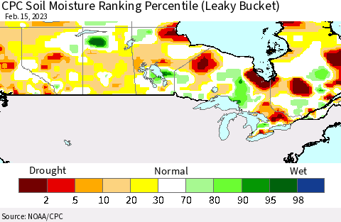 Canada CPC Soil Moisture Ranking Percentile (Leaky Bucket) Thematic Map For 2/11/2023 - 2/15/2023