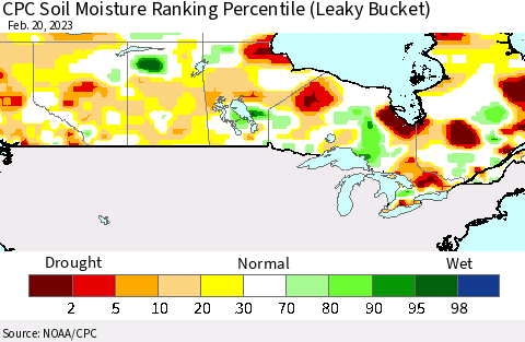 Canada CPC Soil Moisture Ranking Percentile (Leaky Bucket) Thematic Map For 2/16/2023 - 2/20/2023