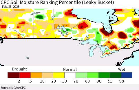 Canada CPC Soil Moisture Ranking Percentile (Leaky Bucket) Thematic Map For 2/26/2023 - 2/28/2023