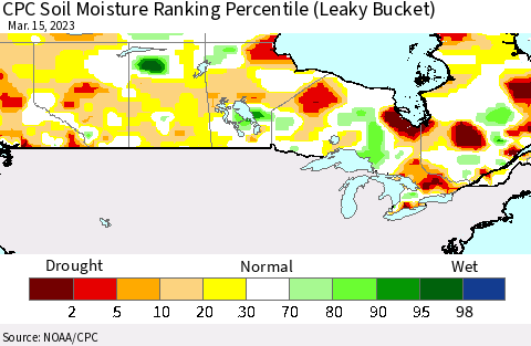 Canada CPC Soil Moisture Ranking Percentile (Leaky Bucket) Thematic Map For 3/11/2023 - 3/15/2023