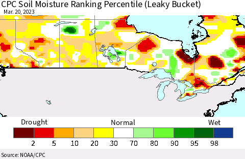 Canada CPC Soil Moisture Ranking Percentile (Leaky Bucket) Thematic Map For 3/16/2023 - 3/20/2023