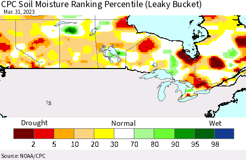 Canada CPC Soil Moisture Ranking Percentile (Leaky Bucket) Thematic Map For 3/26/2023 - 3/31/2023