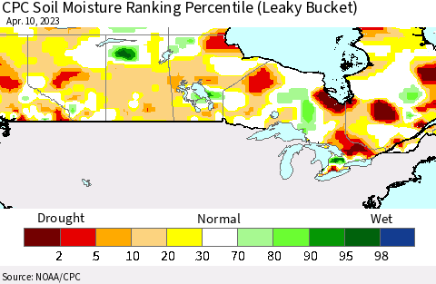 Canada CPC Soil Moisture Ranking Percentile (Leaky Bucket) Thematic Map For 4/6/2023 - 4/10/2023