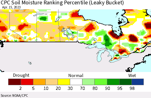 Canada CPC Soil Moisture Ranking Percentile (Leaky Bucket) Thematic Map For 4/11/2023 - 4/15/2023