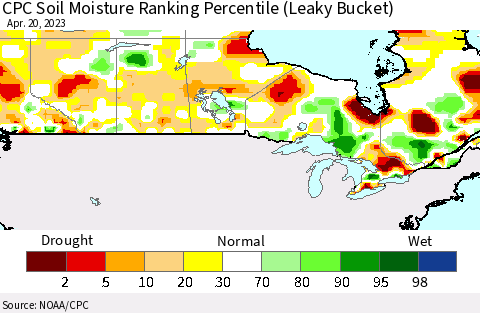 Canada CPC Soil Moisture Ranking Percentile (Leaky Bucket) Thematic Map For 4/16/2023 - 4/20/2023