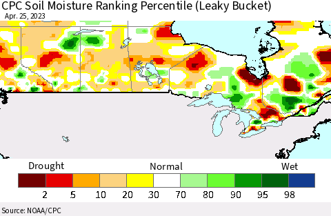 Canada CPC Soil Moisture Ranking Percentile (Leaky Bucket) Thematic Map For 4/21/2023 - 4/25/2023