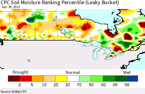 Canada CPC Soil Moisture Ranking Percentile (Leaky Bucket) Thematic Map For 4/26/2023 - 4/30/2023