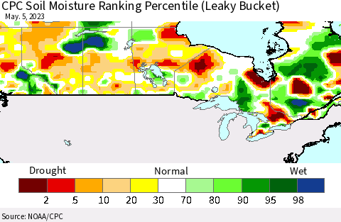 Canada CPC Soil Moisture Ranking Percentile (Leaky Bucket) Thematic Map For 5/1/2023 - 5/5/2023