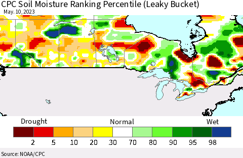 Canada CPC Soil Moisture Ranking Percentile (Leaky Bucket) Thematic Map For 5/6/2023 - 5/10/2023