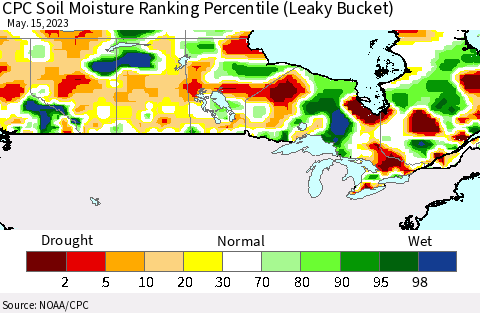 Canada CPC Soil Moisture Ranking Percentile (Leaky Bucket) Thematic Map For 5/11/2023 - 5/15/2023