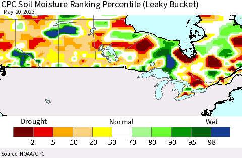 Canada CPC Soil Moisture Ranking Percentile (Leaky Bucket) Thematic Map For 5/16/2023 - 5/20/2023