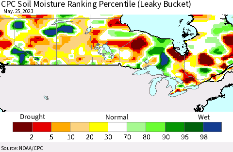 Canada CPC Soil Moisture Ranking Percentile (Leaky Bucket) Thematic Map For 5/21/2023 - 5/25/2023