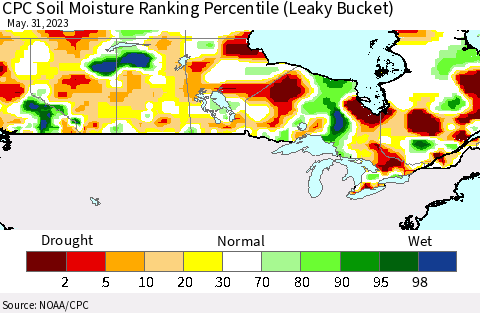 Canada CPC Soil Moisture Ranking Percentile (Leaky Bucket) Thematic Map For 5/26/2023 - 5/31/2023