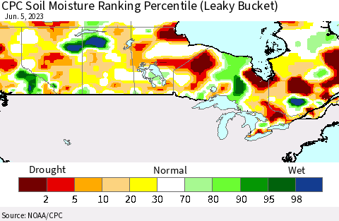 Canada CPC Soil Moisture Ranking Percentile (Leaky Bucket) Thematic Map For 6/1/2023 - 6/5/2023