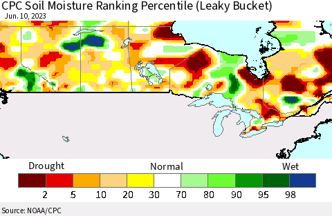 Canada CPC Soil Moisture Ranking Percentile (Leaky Bucket) Thematic Map For 6/6/2023 - 6/10/2023