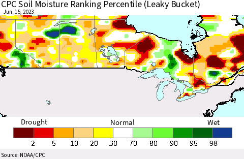 Canada CPC Soil Moisture Ranking Percentile (Leaky Bucket) Thematic Map For 6/11/2023 - 6/15/2023