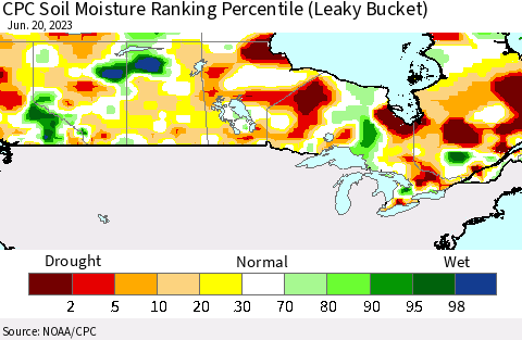 Canada CPC Soil Moisture Ranking Percentile (Leaky Bucket) Thematic Map For 6/16/2023 - 6/20/2023
